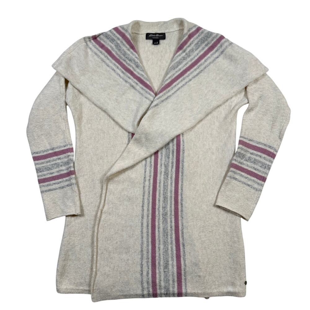 Eddie Bauer Sleepwear Womens Medium Open Front Cardigan Sweater Ivory Stripe